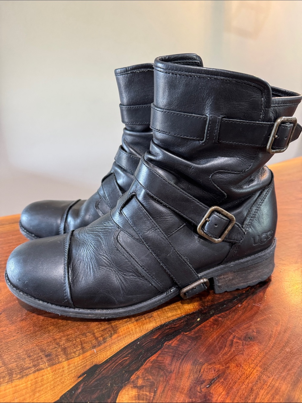 UGG Moto Black Leather Buckle Ankle Boots Size 12 - Picture 2 of 11